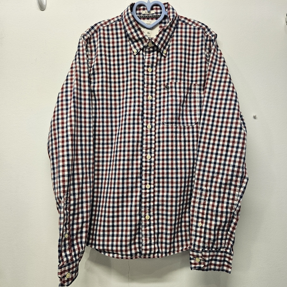 Abercrombie & Fitch Muscle Fit Long Sleeve Gingham Plaid Mens XL Red Navy Work
